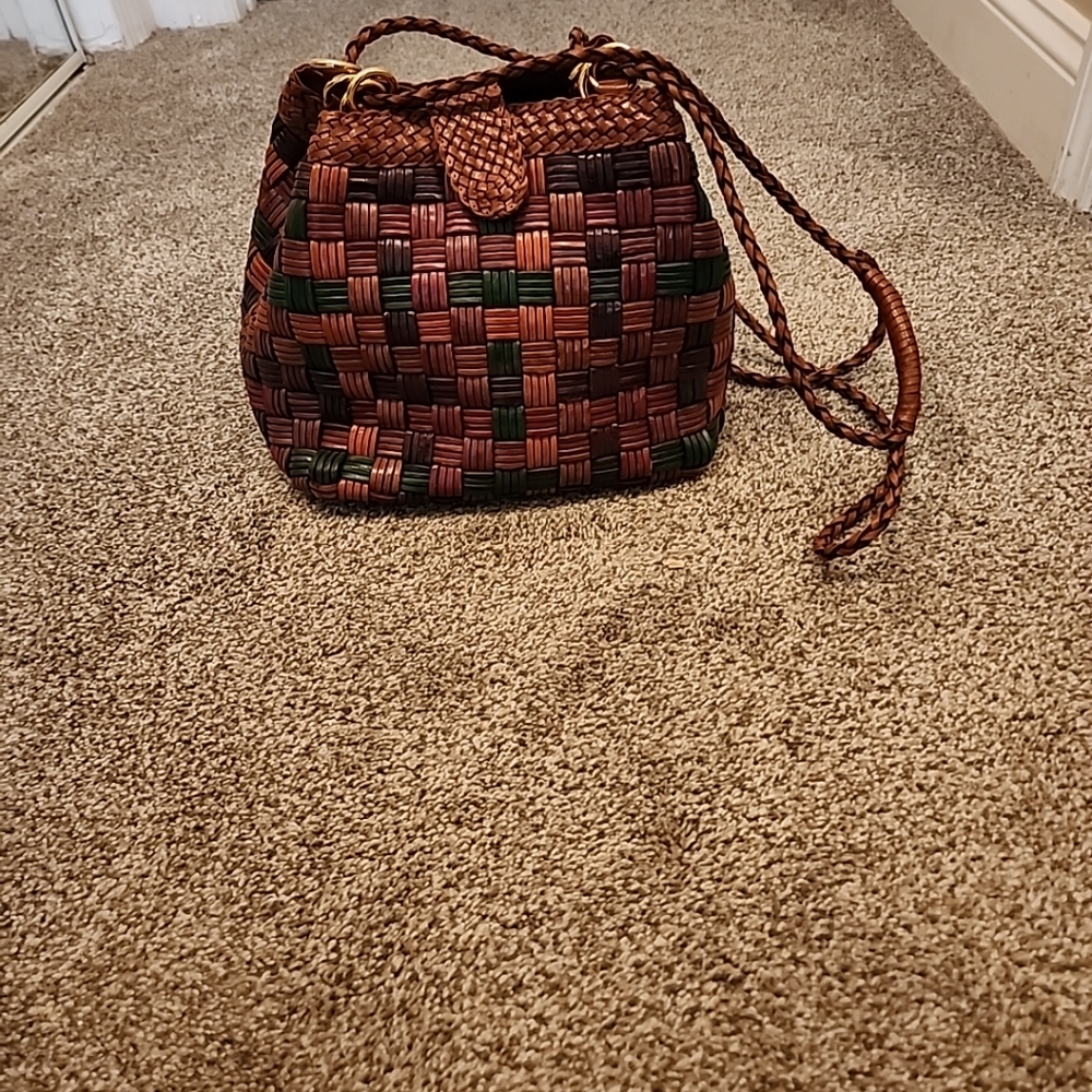 Vintage CEM Woven Genuine Leather Crossbody Bag Brown, Green With Braided Strap.
